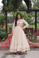 Navratri Wear Trendy White Cotton Embroidered Gown